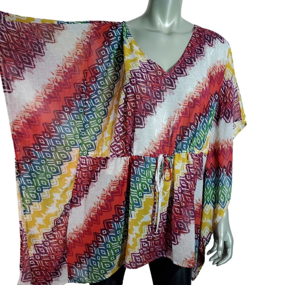 Lane Bryant Kimono‎ Top Plus Size 14/16 Drawstring Waist Semi Sheer Casual Multi